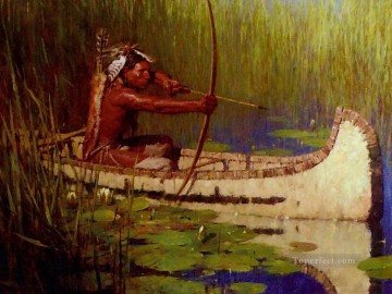 Cazador de indios nativos americanos en canoa con arco y flecha Pinturas al óleo